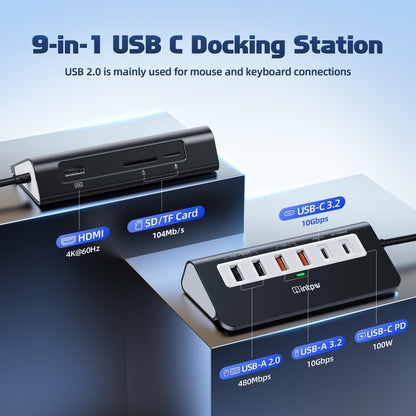 USB C Hub 10Gbps, 9-in-1 USB 3.2 Hub with 4K@60Hz HDMI, Type-C 3.2, 2 USB-A 3.2, 2 USB-A 2.0, PD 100W, SD/TF Slot, Aluminum USB Hub for Laptop, iPhone 16/15 Series, MacBook Air/Pro and More