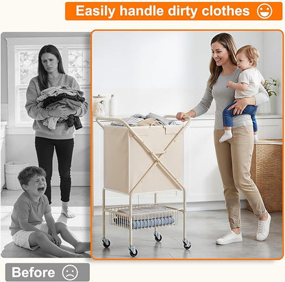 Laundry Basket with Wheels:88L Rolling Laundry Cart Foldable Metal Frame Dirty