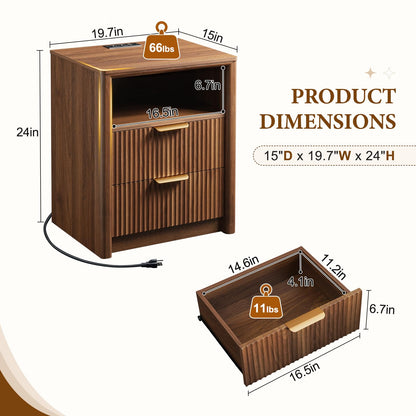 LYNCOHOME 19.7" Fluted Nightstand with Charging Station, 2 Drawer Bedside Table, Modern Night Stand with Curved Edge Design, Wooden End Table for Bedroom, Rounded Night Stand with Storage, Walnut