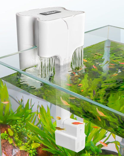 AQQA Hang On Aquarium Filter, Power Waterfall HOB Fish Tank Filter with Surface Skimmer, Adjustable Flow, Silent Multi-Stage Filtration for Freshwater & Saltwater, for Rimless Aquariums (12W 112GPH)