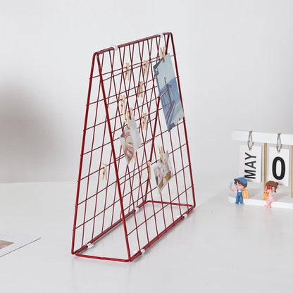 WYEHHLJ Desktop Photo Display Shelf, Sticky Note Grid Display Shelf, Double-sided Photo Metal Frame, Suitable for Home Office Desk Photo and Picture Organizer with 20 Wooden Clips,Red