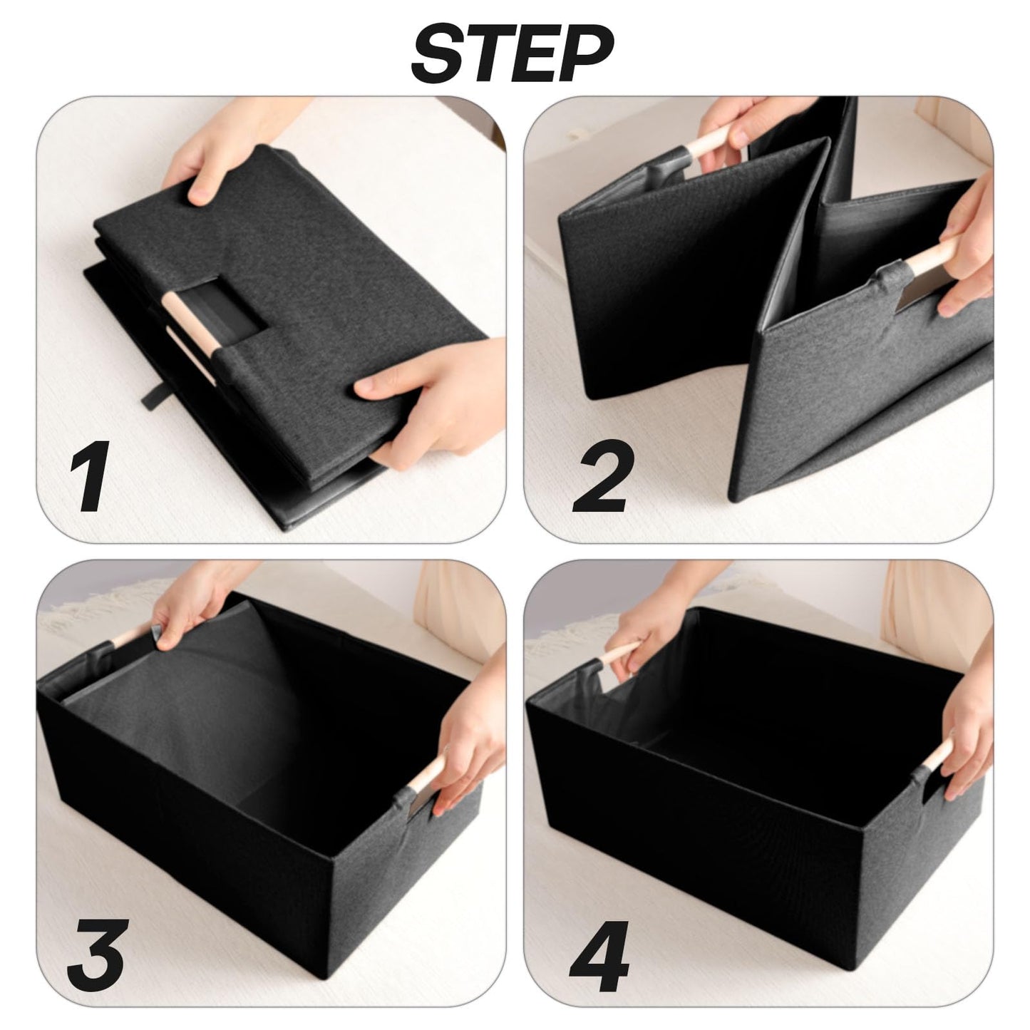 LaMorée Fabric Storage Bin Box Foldable Cotton Linen Storage Basket with Wooden Handles Rectangular Cube Decorative Home Laundry Organizer Clothes Blanket Container – Black, Large