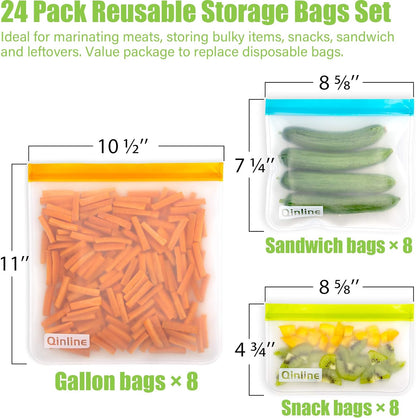 Reusable Food Storage Bags - 24 Pack Freezer Bag, Reusable Bags Silicone, Extra Thick Leakproof Lunch Bag