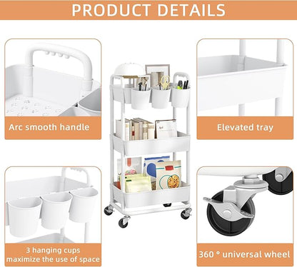 JIUYOTREE 3-Tier Plastic Rolling Storage Cart Utility Cart with Extra Hanging Cups Handles Lockable Wheels for Living Room Bathroom Kitchen Office White