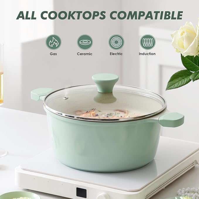 SENSARTE Ceramic Nonstick Stock Pot with Lid, 7 Quart Induction Cooking Pot with Tempered Glass Lid, Stew Pot for Soup and Oatmeal, Pasta Casserole, PFOA PFAS PTFE Free, Green