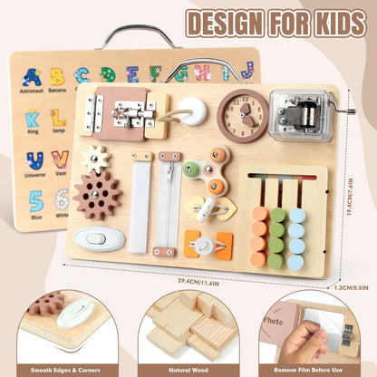 Hoarosall Montessori Busy Board for Toddlers 16-in-1 Wooden Sensory Activity Board with Music Box Fine Motor Skills Learning Toy Preschool Educational Travel Gift for Boys Girls Ages 1-3