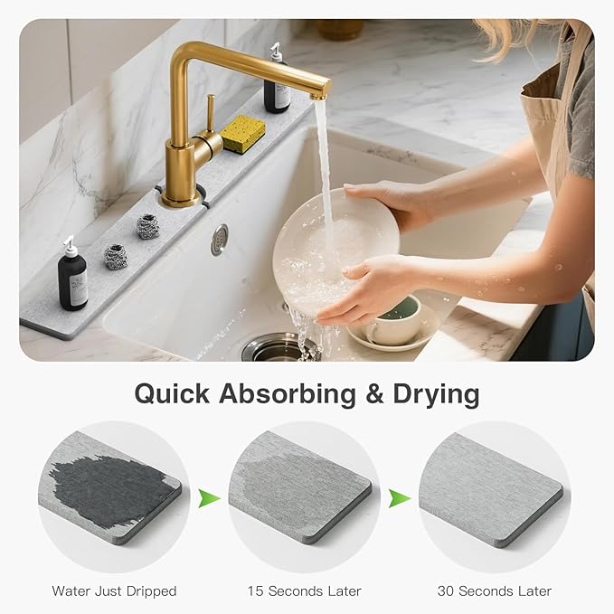 30" x 4" Stone Faucet Mat for Kitchen Sink, Quick Drying Diatomite Sink Tray