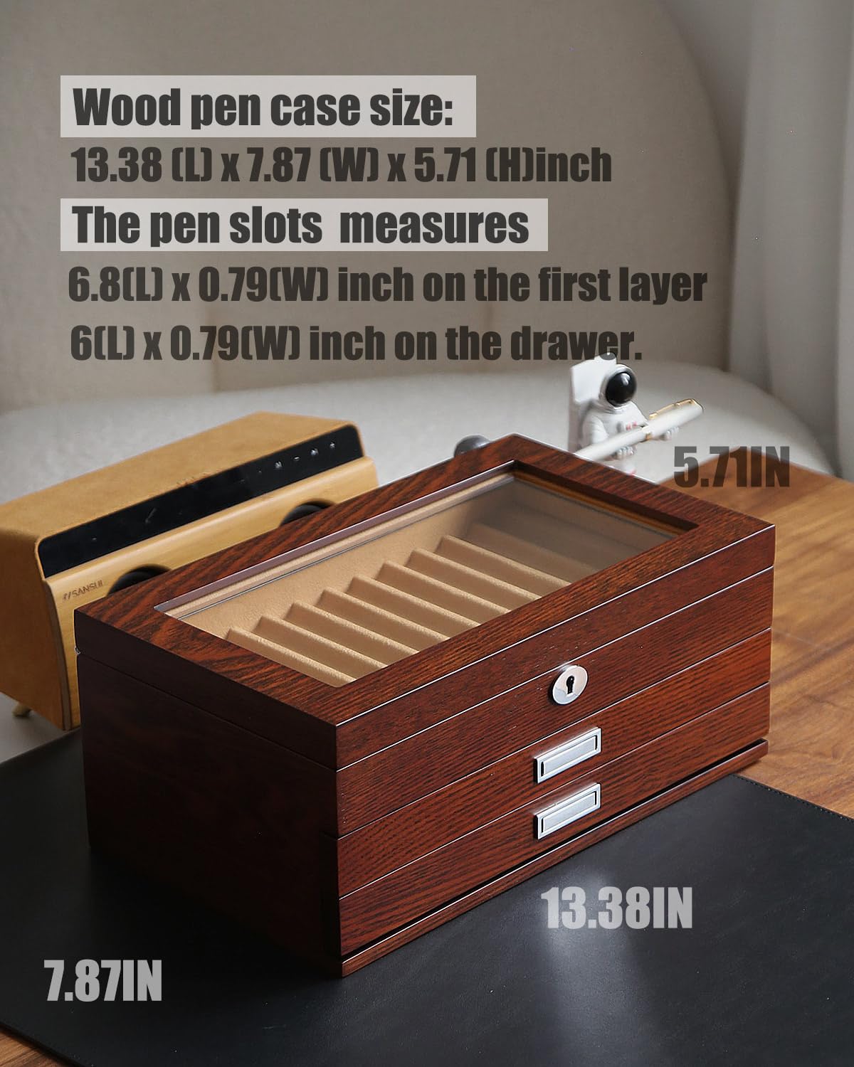 Besforu Wood Pen Display case 36 Slot Fountain Pen Box Storage Organizer with Drawer, Top Glass Window Pen Collection Display Case