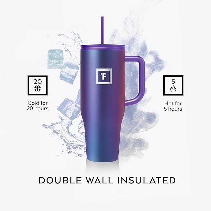 IRON °FLASK Co-Pilot Insulated Mug w/Straw & Flip Cap Lids - Cup Holder Bottle for Hot, Cold Drink - Leak-Proof - Water, Coffee Portable Travel Mug - Cobalt Blue, 40 Oz
