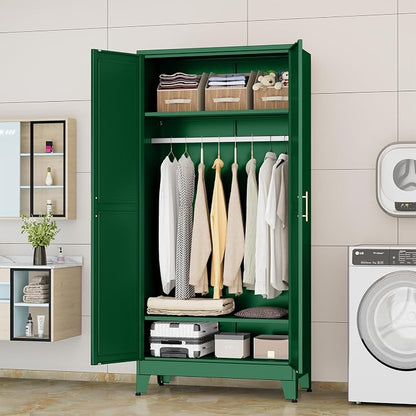 Metal Wardrobe Storage Cabinet with Hanging Rod,71'' Metal Clothing Cabinet with 2 Doors and 2 Adjustable Shelves for Bedroom, Laundry Room, Cloak Room (2 Doors-71'', Green)