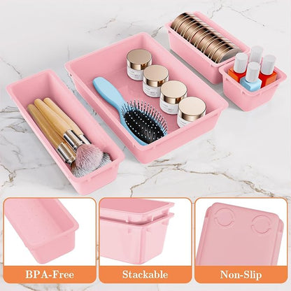 SpaceHacks 25 PCS Plastic Drawer Organizer Set, 4-Size Versatile Organizer Trays & storage Bins for Makeup, Jewelry, and Gadgets in Bathroom, Bedroom and Office, Pink
