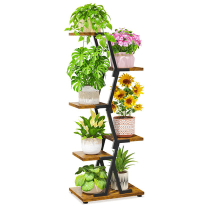 LASZOLA 5 Tier Tall Wood and Metal Plant Stand Indoor for Heavy Duty Planter, Large Multi Level Vertical Flower Shelf for Narrow Corner, Sturdy Rustic Rack Holder for House Patio, Space Saving, Black