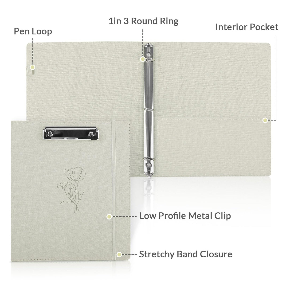 SKYDUE Clipboard Binder with Dividers,1 Inch 3 Ring Binder with Clipboard on Front for Organizer, Clipboard Folder with Pocket, Labels Office Supplies Beige