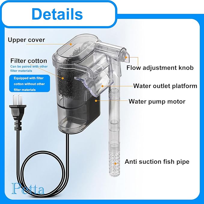 Slim Aquarium Filter,Quiet Hang on Back Fish Tank Filter for 3-10 Gal Aquariums with 1 Pre-Filter Sponge ，Adjustable Flow，250L/H