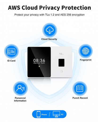 NGTeco Cloud Employee Time Clock, Fingerprint & Card Punch Machine with 2.4G/5G WiFi, 2000mAh Backup Battery, Remote APP/Web Control & AWS Secure Storage (0 Monthly Fee)