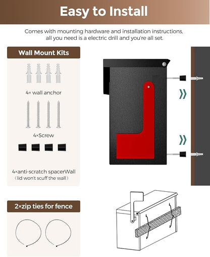 Modern Mailboxes for Outside, Metal Wall Mount Mailbox, with One Flag Kit and Three Sets of Mailbox Number Stickers, 3.9" D×13" W×7.1" H, Rust Resistant Coating Mail Boxes for House, Black AMB06B