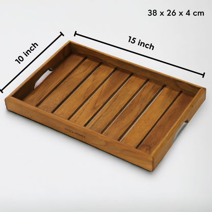 Vesta Homes Large Teak Wood Serving Tray for Home, Kitchen, Breakfast, Restaurant, Office Organizer, Dining Table | Premium Wooden Tray |15 * 10 * 1.5 Inches | Handmade in India