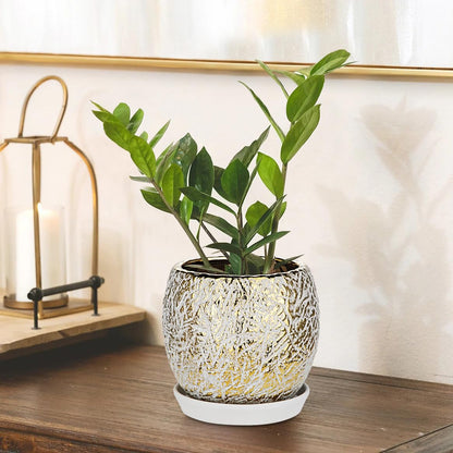 Ceramic Plant Pots for Plants Indoor 5.3 Inch Round Gold and White Flower Pot Gilded Decorative Planter with Drainage Hole and Saucer Modern Ceramic Pot for Succulents Orchids Cactus Herbs Home Decor