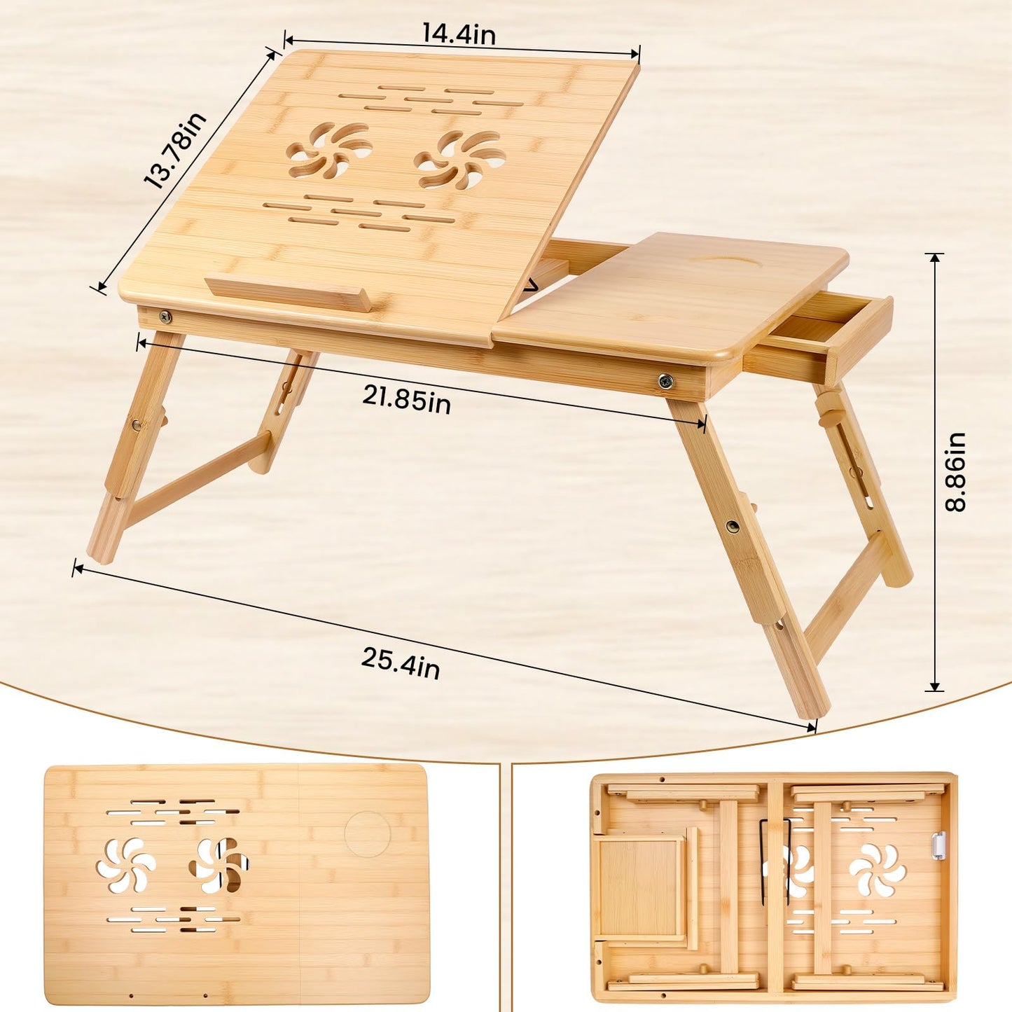 Bambition Bamboo Laptop Desk for Bed, Adjustable Height and Angle, Foldable Lap Desk with Cup Holder and Drawer, Portable Bed Table Tray for Writing Reading Drawing or Breakfast