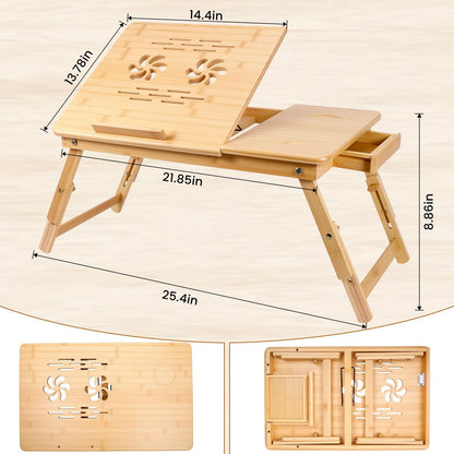 Bambition Bamboo Laptop Desk for Bed, Adjustable Height and Angle, Foldable Lap Desk with Cup Holder and Drawer, Portable Bed Table Tray for Writing Reading Drawing or Breakfast