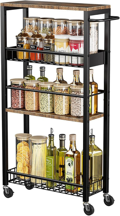 Slim Storage Rolling Cart, 4 Tier Narrow Cart with Wheels, Metal Kitchen Rolling Cart for Small Spaces, Slide Out Storage Shelves for Kitchen, Laundry Room, Bathroom, Living Room, 7.1in(W)