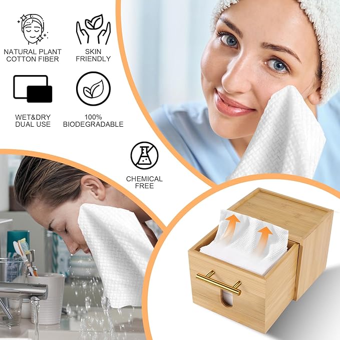 Face Towels Holder with 60 XL Towels, Disposable Towelettes Bamboo Box Cotton