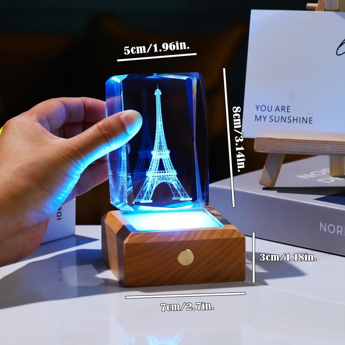 Arikyrist 3D Crystal Eiffel Tower Figurine Paris Gifts for Women, Laser Etched Eiffel Tower Decor with Wooden Light Base, Paris Themed Keepsakes France Souvenirs
