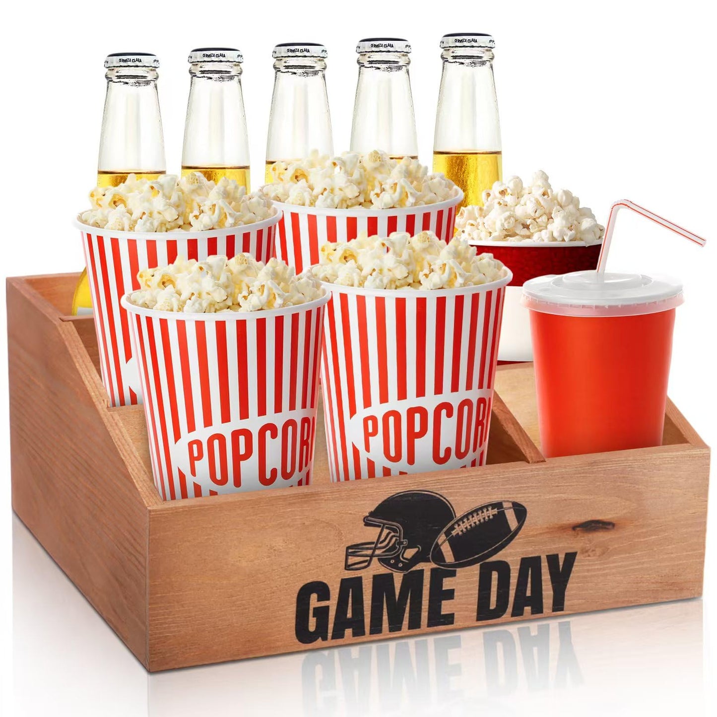 Colingmill Football Game Day Snack Tray, Wooden Reusable 5 Compartment Gift Basket Organizer, Popcorn Bucket Bowl Box for Game Day Party, Family Room, Home Theater, Sports Night Decorations
