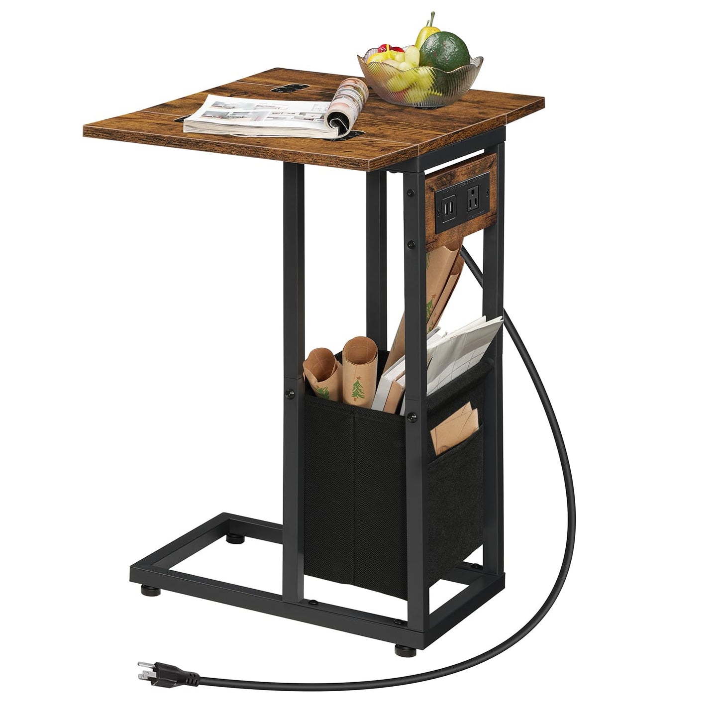 HOOBRO C Shaped Side Table with Charging Station, Foldable End Table with Fabric Bag, Sofa Couch Tray Table for Small Space in Living Room, Bedroom, Rustic Brown and Black BF30USF01