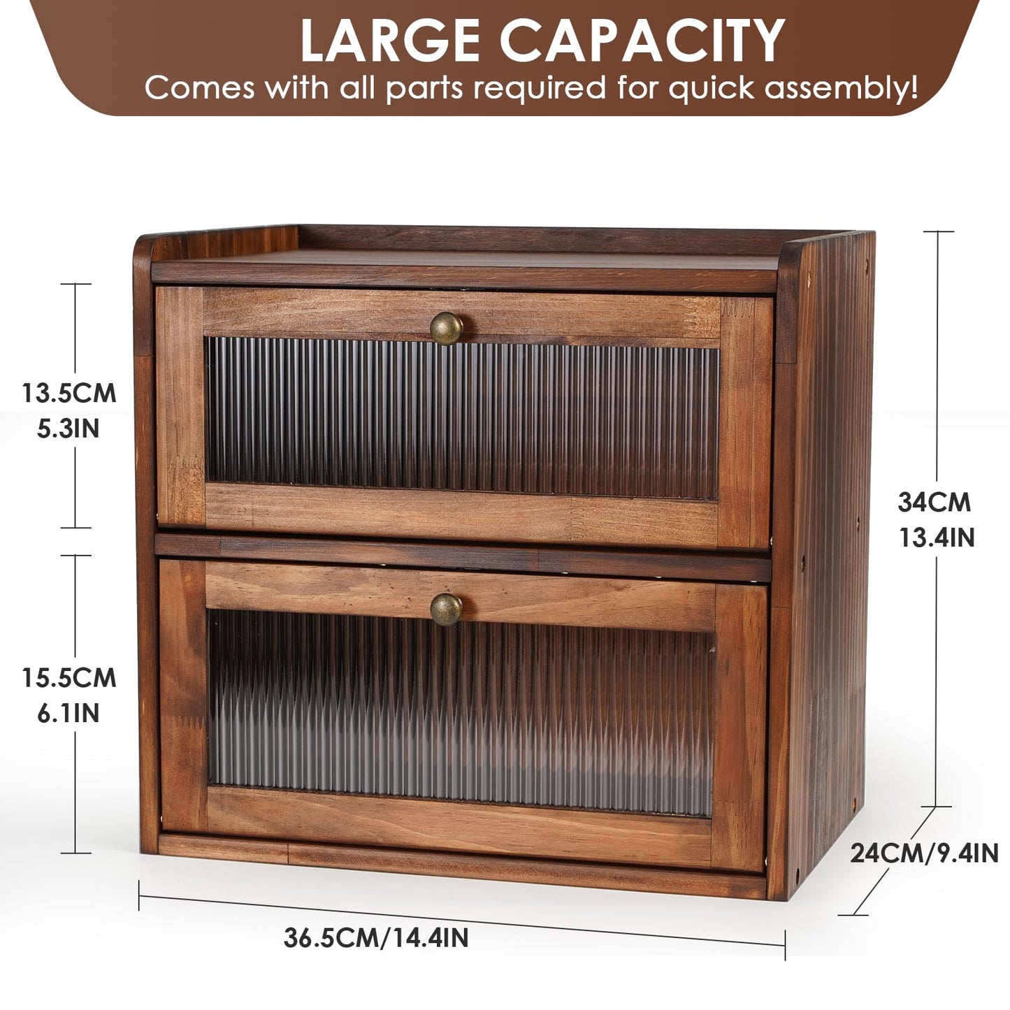 Sunhoo Double Layer Bread Box (L14.4in*W9.4in*H13.4in/Brown) and Single Wooden Bread Storage(L14.37in*W9.25in*H8.66in/Yellow) Rustic Bread Keeper Farmhouse Food Organizer Pantry Shelf Acrylic Window