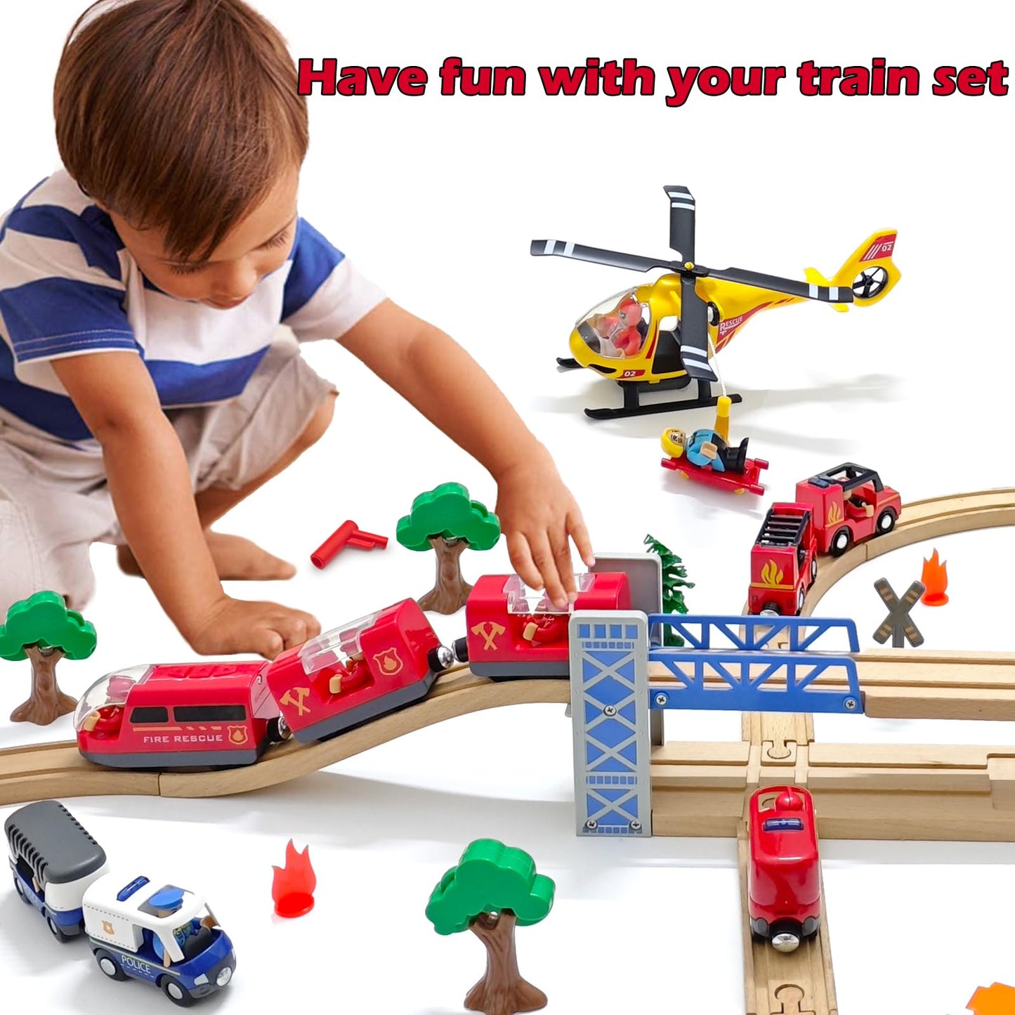 Battery Operated Rescue Fire Fighting Truck for Wooden Train Tracks with Figures Kids Magnetic Wooden Trains Set for Toddlers Boys 3-5 4-8 (Without Battery and Tracks)