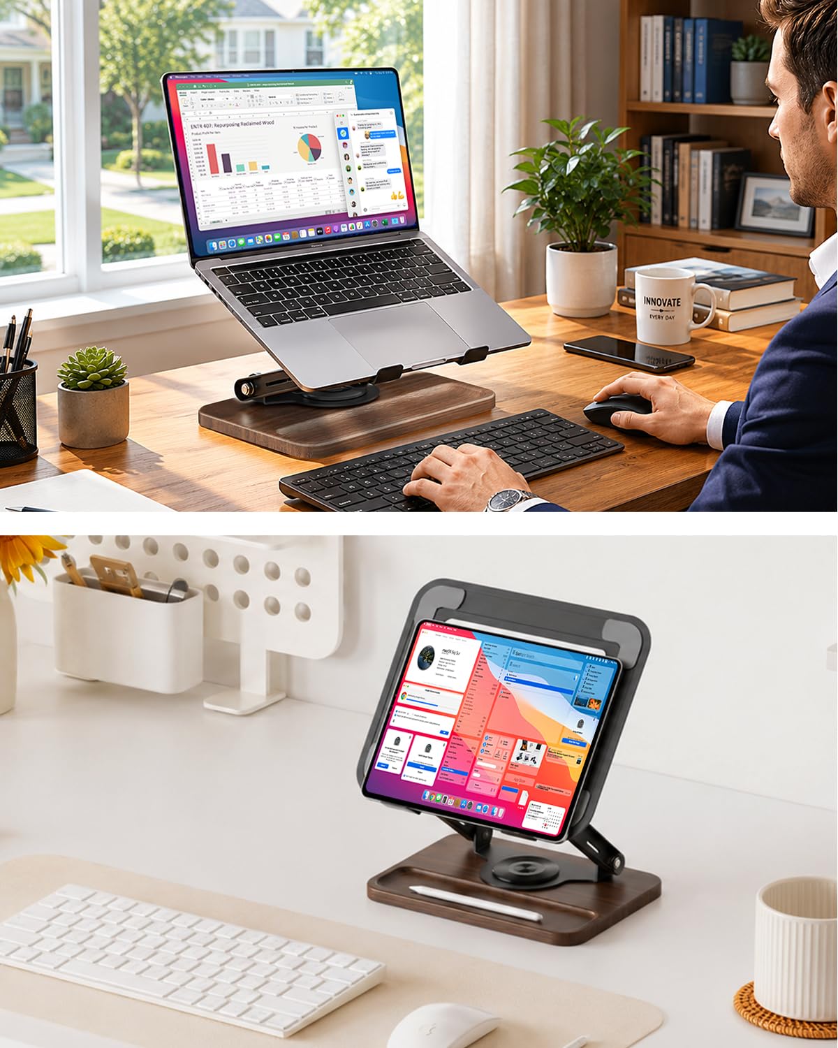 SupeDesk Adjustable Laptop Stand with 360° Rotating Base, Ergonomic Laptop Riser for Desk, Ventilated Notebook Stand with Storage Tray, Wood Base & Silicone Pads for Laptops, Tablets & Books
