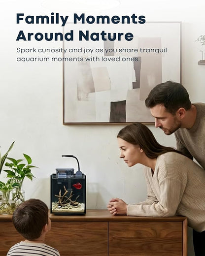 Desktop Small Aquarium Set Glass Fish Tank 1.25 Gallon, with Water Pump Filter Bright LED Light Gravel Cleaning Tool, Starter Kit Small Space Easy Setup Space-Saving Design Betta Shrimp