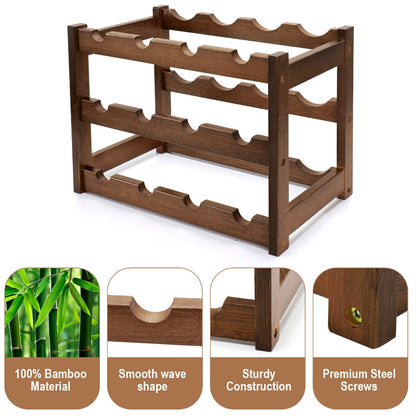 Thalomely Bamboo Wine Rack, 3-Tier 12 Bottles Wine Storage Cabinet Shelf, Easy-Assembly Freestanding Bamboo Wine Racks Countertop for Kitchen Pantry Dining Room Bar, Walnut