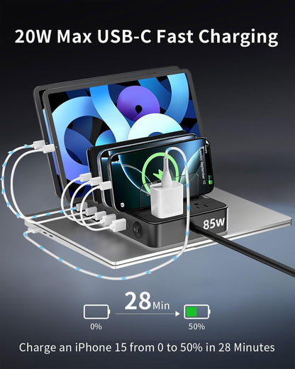 85W Charging Station for Multiple Devices,7 Port USB Charger Stations with 2 AC, 2 USB C, 3 USB A,Family Multi-Device Organizer Charging Dock -Designed for iPhone iPad Android Cell Phone Tablet,Black