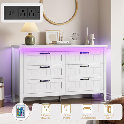 GAOMON 6 Drawer Dresser for Bedroom with Charging Station & LED Lights, Wide Dressers & Chests of Drawers, Wooden Storage Organizer for Living Room Closet Entryway, Easy Assembly, White
