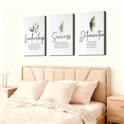Set of 3 Framed Canvas Art - Motivational Office Wall Decor, Leadership/Success Quotes with Leaves, Inspirational Prints for Bedroom, Framed Positive Vibe Wall Art