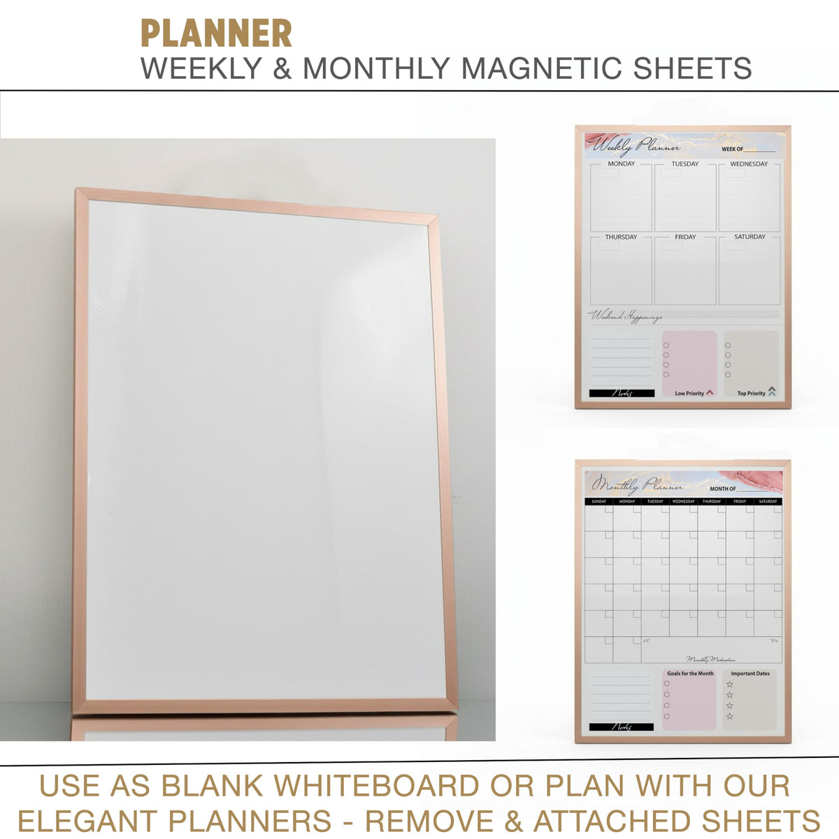 Lulu Office Magnetic Dry Erase Board 12x16 with Foldable Stand, Portable Rose Gold Desktop Whiteboard for Home, Office, School & Kitchen, Includes Weekly & Monthly Magnetic Planner Sheets
