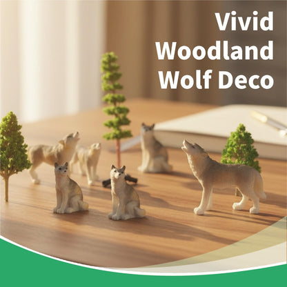 Woodland Wolf Figurines Small Resin Set, Wolf Figures Miniature with Model Trees Kit, Wolves Coyote Forest Animals Miniature Wolf Pack for Cake Toppers Diorama Projects Terrarium Landscape Decor 12Pcs