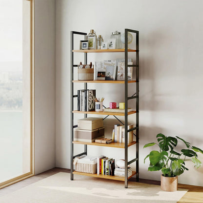 DUMOS 5 Tiers Bookshelf, Classical Book Shelf, Tall Display Shelves in Living Room/Home/Office, Storage Organizer for CDs/Books/Movies, Wood