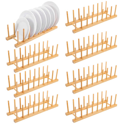 Leooomap 8-Slot Bamboo Wooden Plate Rack, Dish Drying Rack & Pot Lid Holder Stand, Kitchen Cabinet Organizer for Bowls, Cups, Cutting Boards