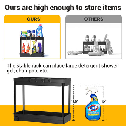 Cicilyna Under Sink Organizer, Under Cabinet Basket Organizer Drawer with Hooks, Bathroom Standing Rack, Multi-purpose Storage Shelf, Black