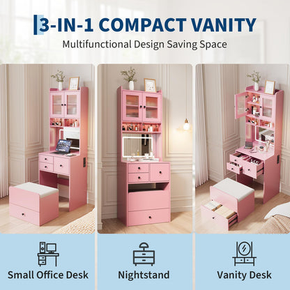 3 in 1 Vanity Desk with LED Light, Tall Makeup Vanity Set with 2 AC Outlets & USB-C, Dressing Table with Storage Drawers & Acrylic Doors, Nightstand Vanity Mirror, Jewelry Box, Cushioned Chair