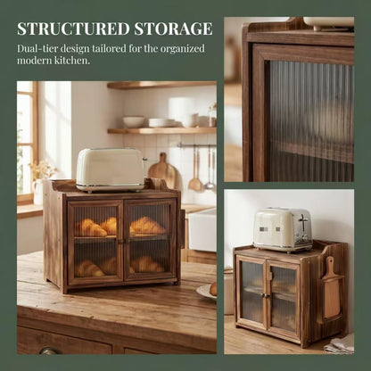 ZOOIQ Farmhouse Wooden Bread Box with Double Fluted Glass Doors, 2-Tier Counter Corner Storage Cabinet, Rustic Kitchen Countertop Organizer for Bread Coffee Spices
