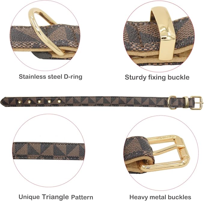 Leather Dog Collar and Leash Set, Check Pattern Dog Collar Leashes Metal Buckle Adjustable Durable for Small Medium Large Dogs (Brown, XL(18-22IN))