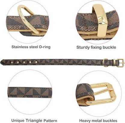 Leather Dog Collar and Leash Set, Check Pattern Dog Collar Leashes Metal Buckle Adjustable Durable for Small Medium Large Dogs (Brown, XL(18-22IN))