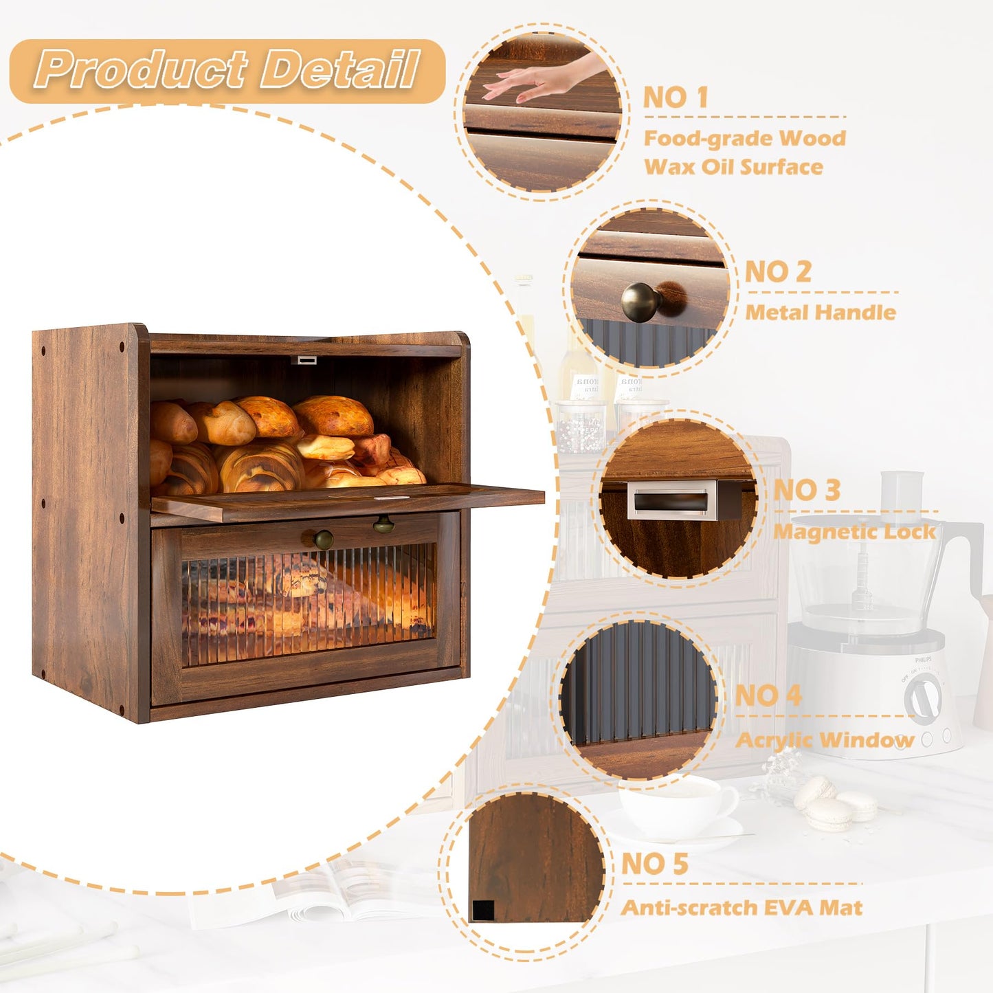 Alpeir Double Layer Large Bread Box for Kitchen Countertop, Retro Brown