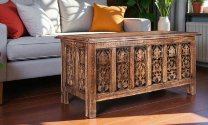 Coffee Table 36x18 Inch – Hand-Carved Solid Wood Center Table, Vintage Burnt Finish Modern Coffee Table for Living Room, Entryway Table for Magazines, Books & Plants