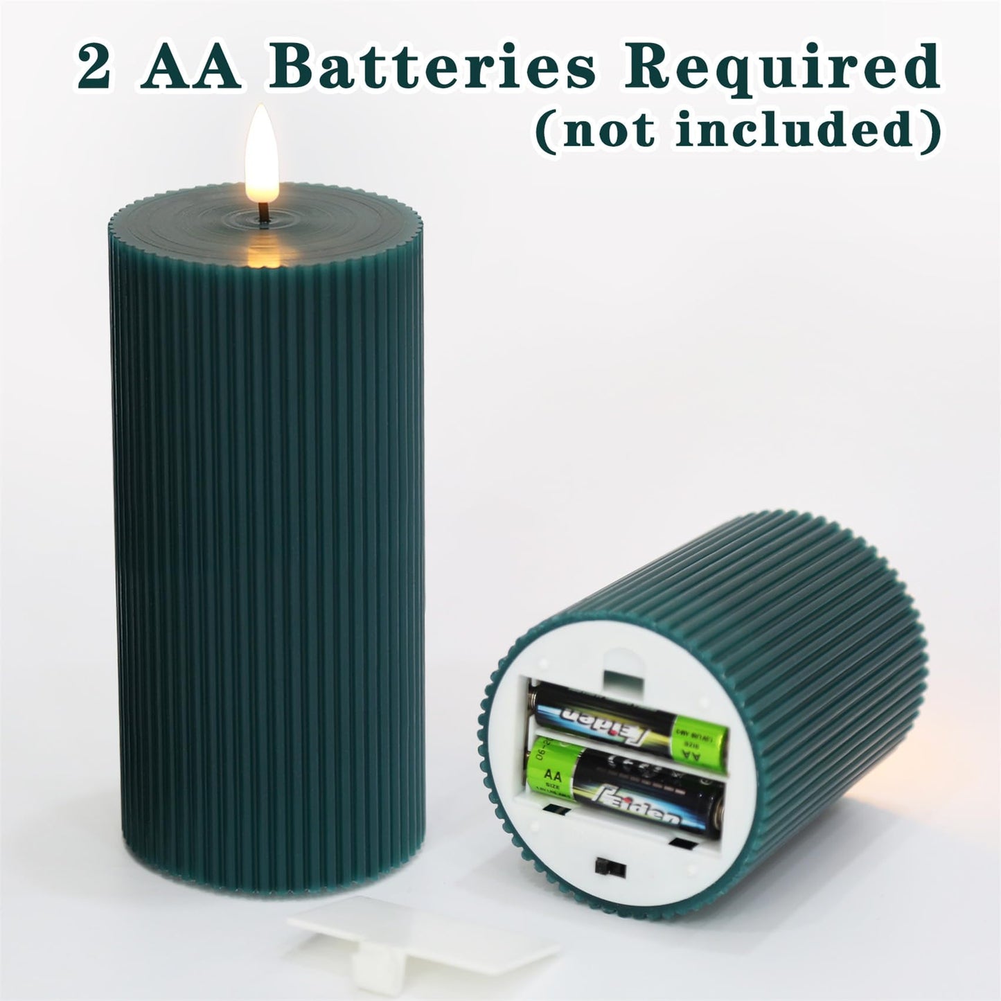 Girimax Green Ribbed Flameless Pillar Candles with Remote, 2 Pack Flickering Battery Operated LED Wax Candles Φ 3" H 4" 6"