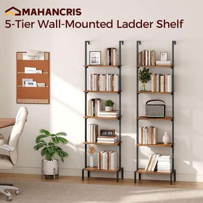 MAHANCRIS Ladder Shelf, 5-Tier Bookshelf, Ladder Bookcase with Wall Mount, Heavy Duty Industrial Style Storage Rack for Living Room, Office, Kitchen, Bedroom, Rustic Brown and Black LSHR5501
